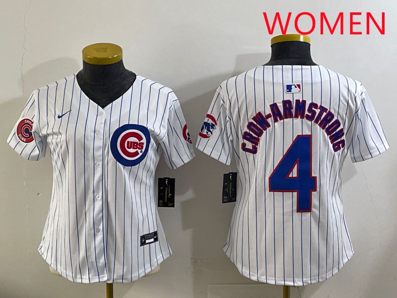 Women 2025 Chicago Cubs #4 Crow-Armstrong White Stripe Game Nike MLB Jersey style 5->women mlb jersey->Women Jersey